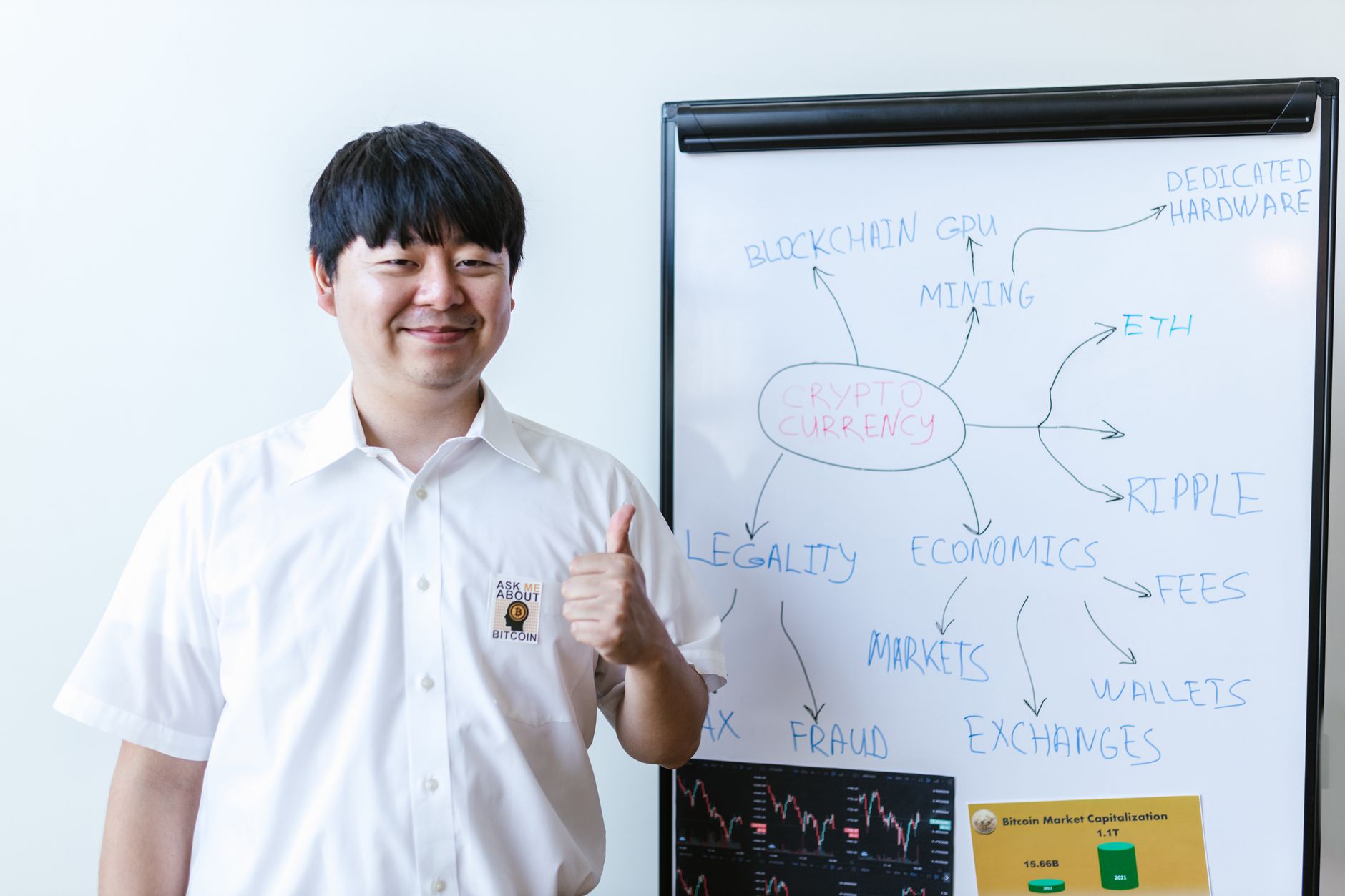 A smiling man stands beside a whiteboard with cryptocurrency concepts and gives a thumbs up.