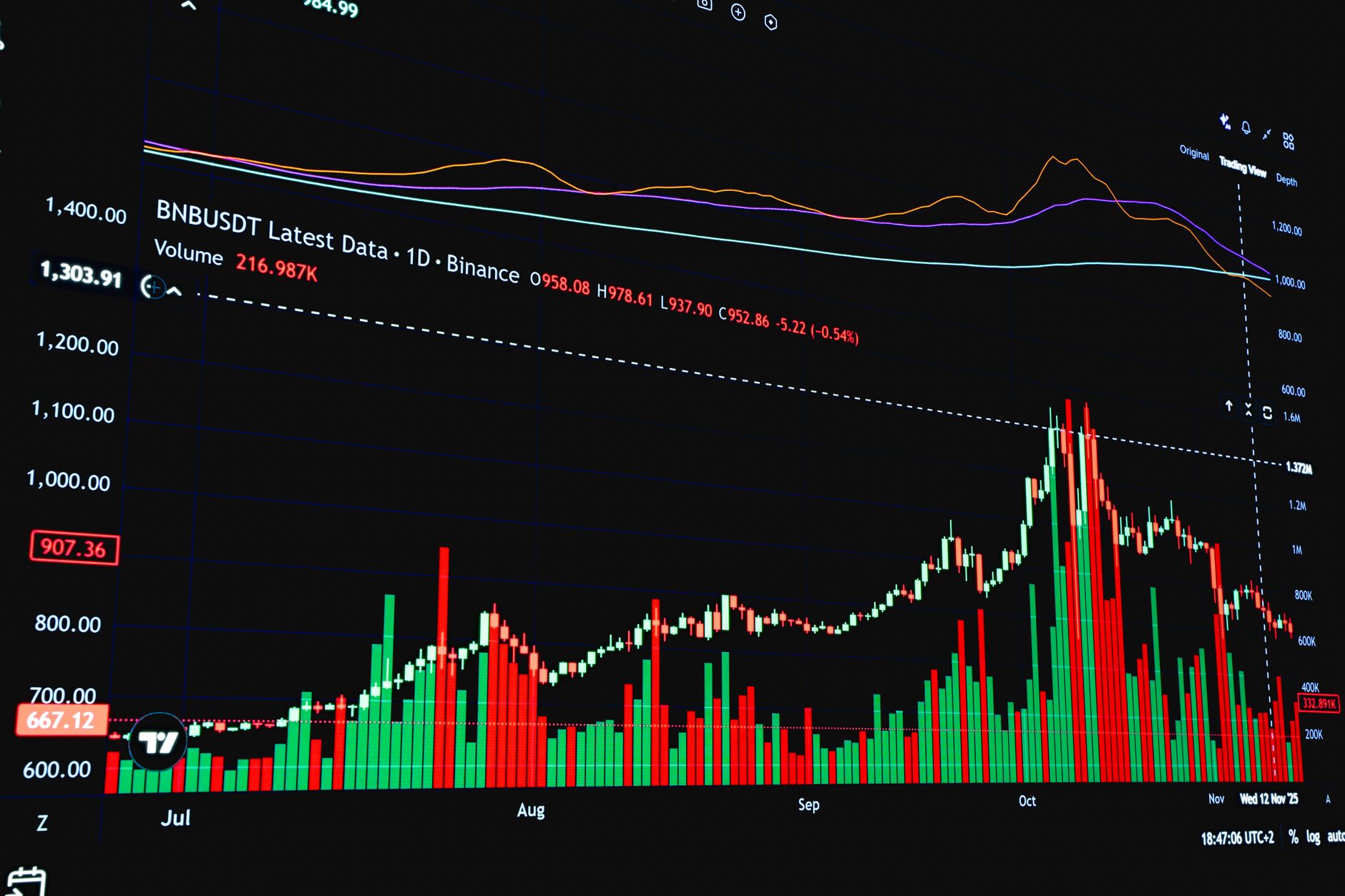 Close-up of a cryptocurrency market graph focusing on BNB price and volume trends over time.