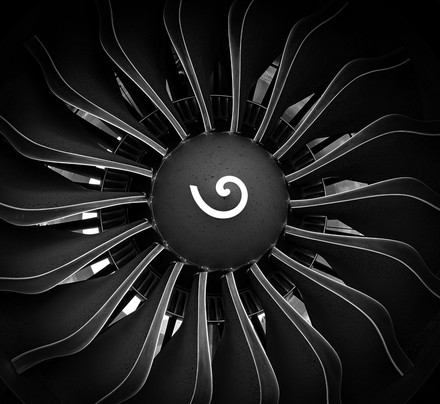 Black and white abstract of an airplane turbine engine fan showcasing symmetrical blades.