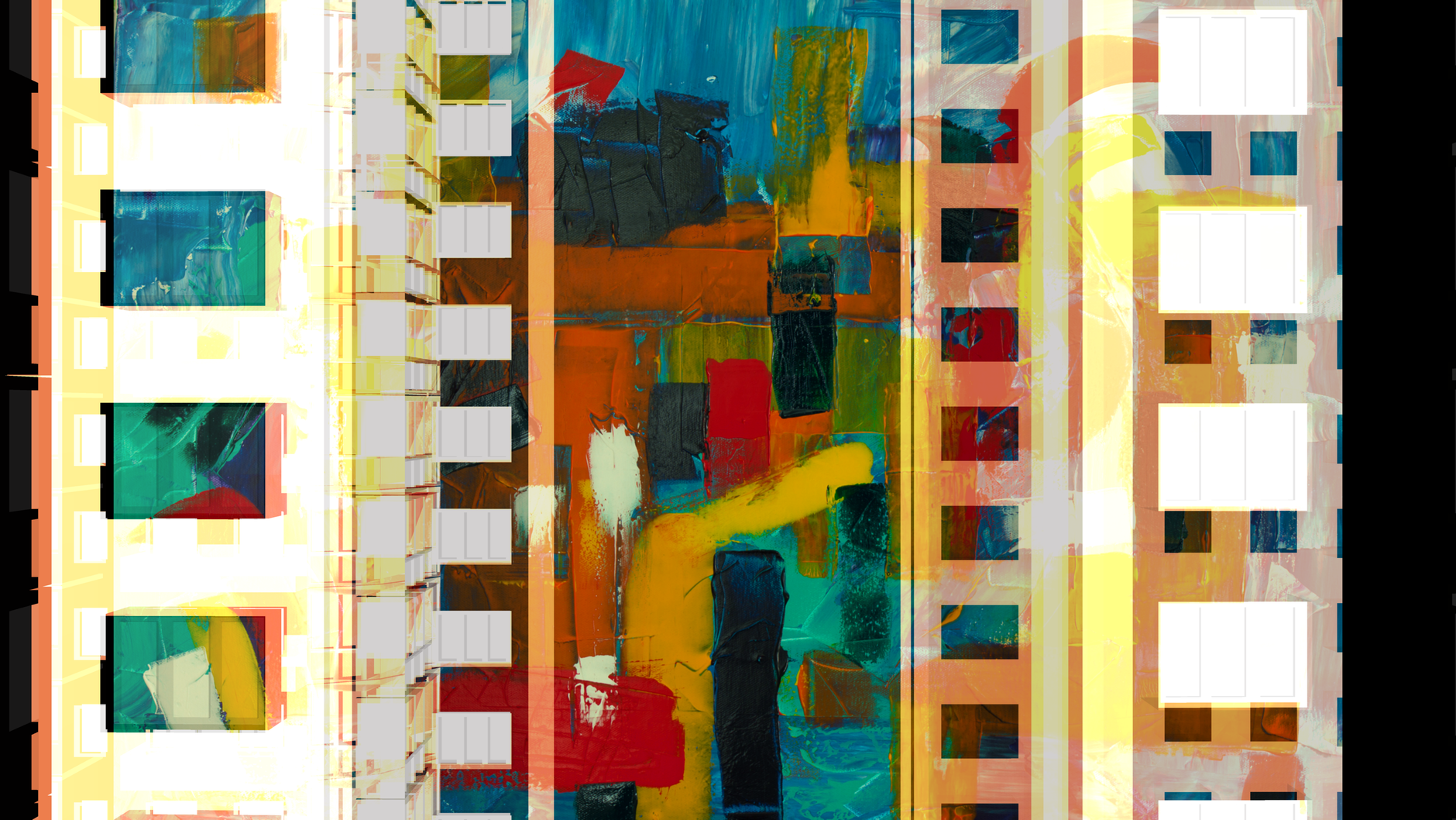 Colorful abstract art blending urban architecture and geometric designs.